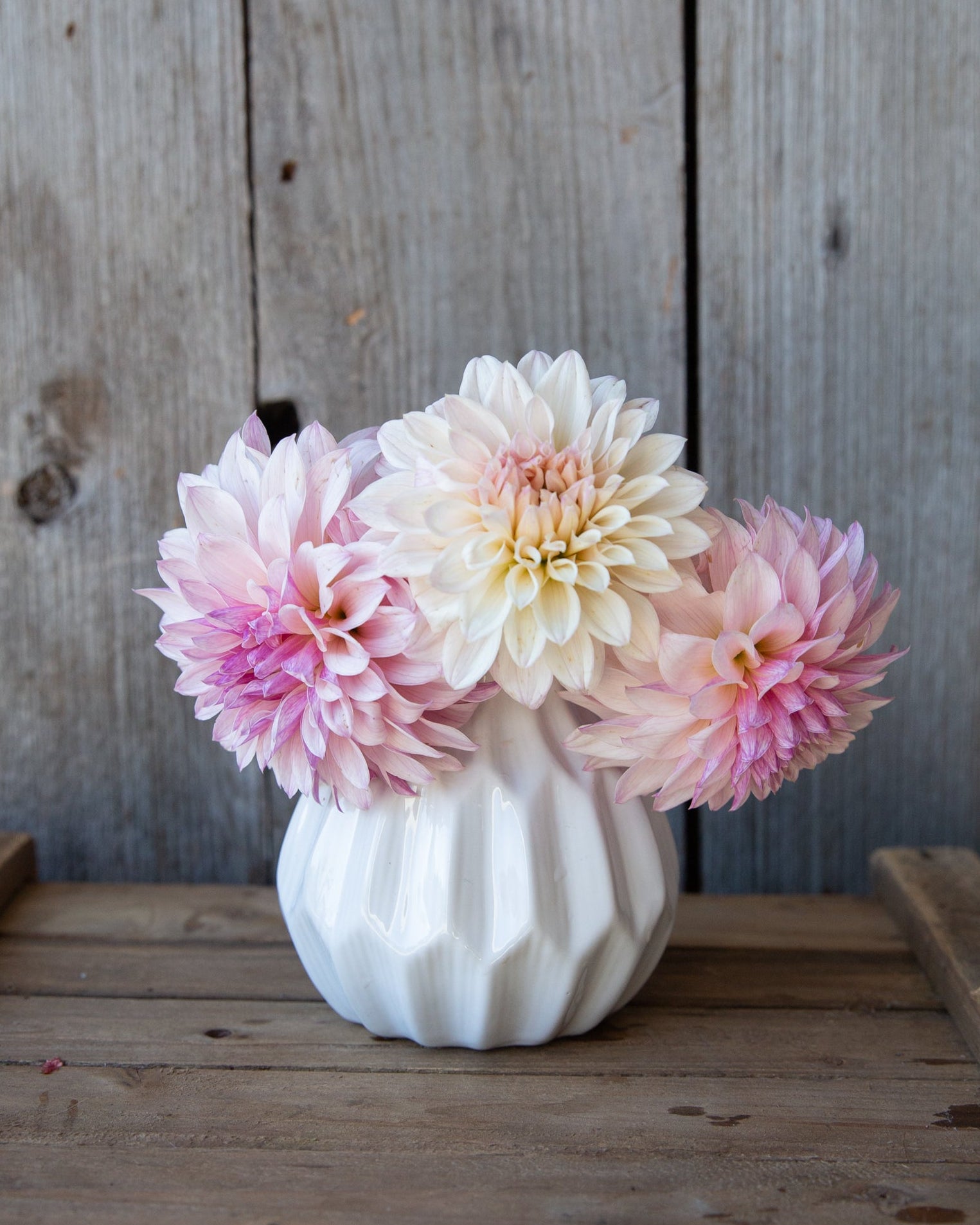 White vase with pink and white flowers on a wooden surface with a wooden background