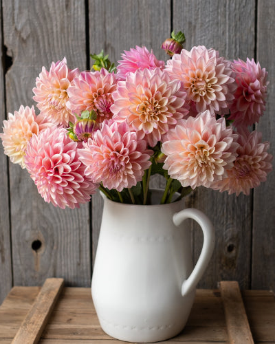 White pitcher filled with pink and peach dahlias on a wooden surface with a wooden background