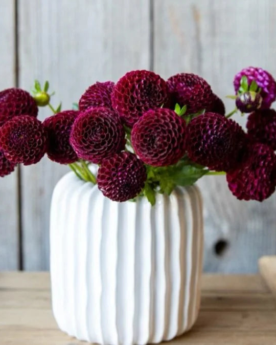 White vase with purple flowers on a wooden surface and light wooden panel background