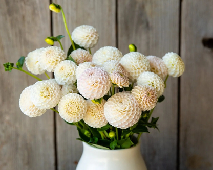 Bouquet of white and beige flowers in a white vase against a wooden background