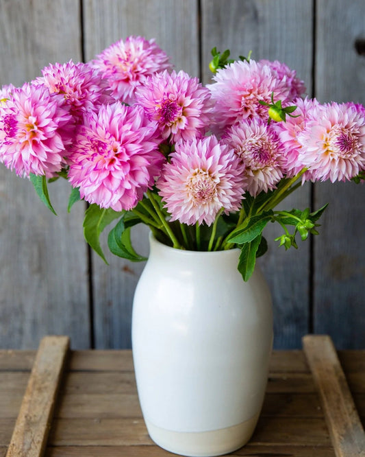 Bouquet of pink flowers in a white vase on a wooden surface with a rustic wooden background