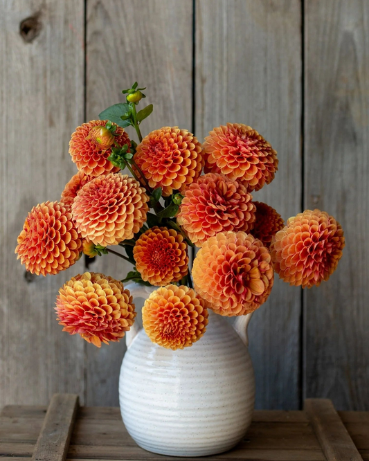 White vase with orange flowers against a wooden background