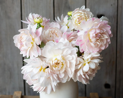 Bouquet of pink and white flowers in a white vase against a wooden background