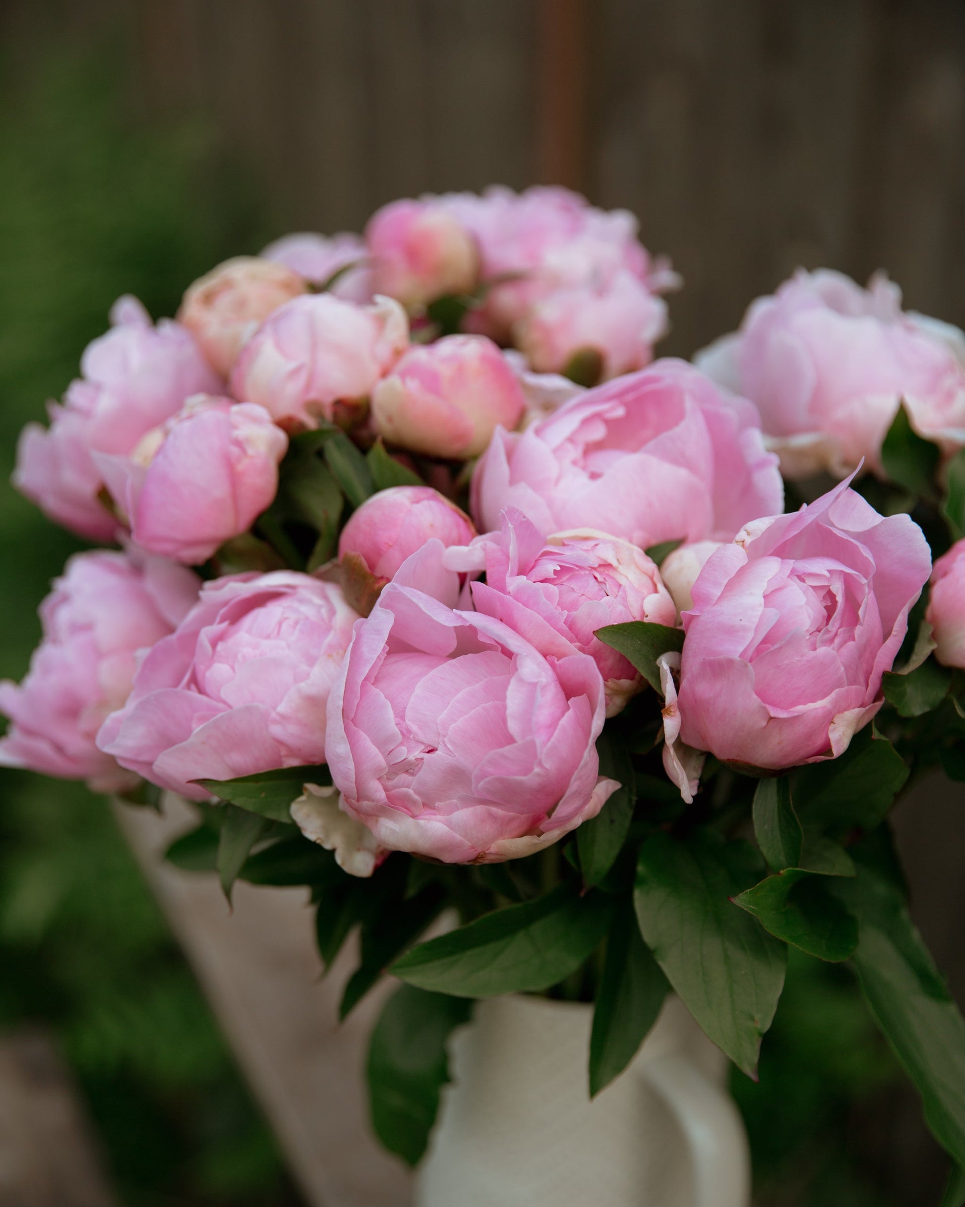 Bouquet of pink flowers in a white vase with a blurred background