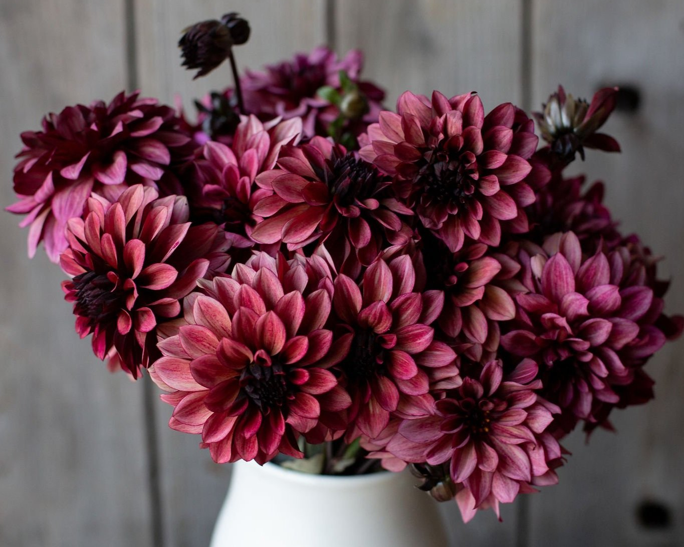 Bouquet of pink and purple flowers in a white vase against a wooden background