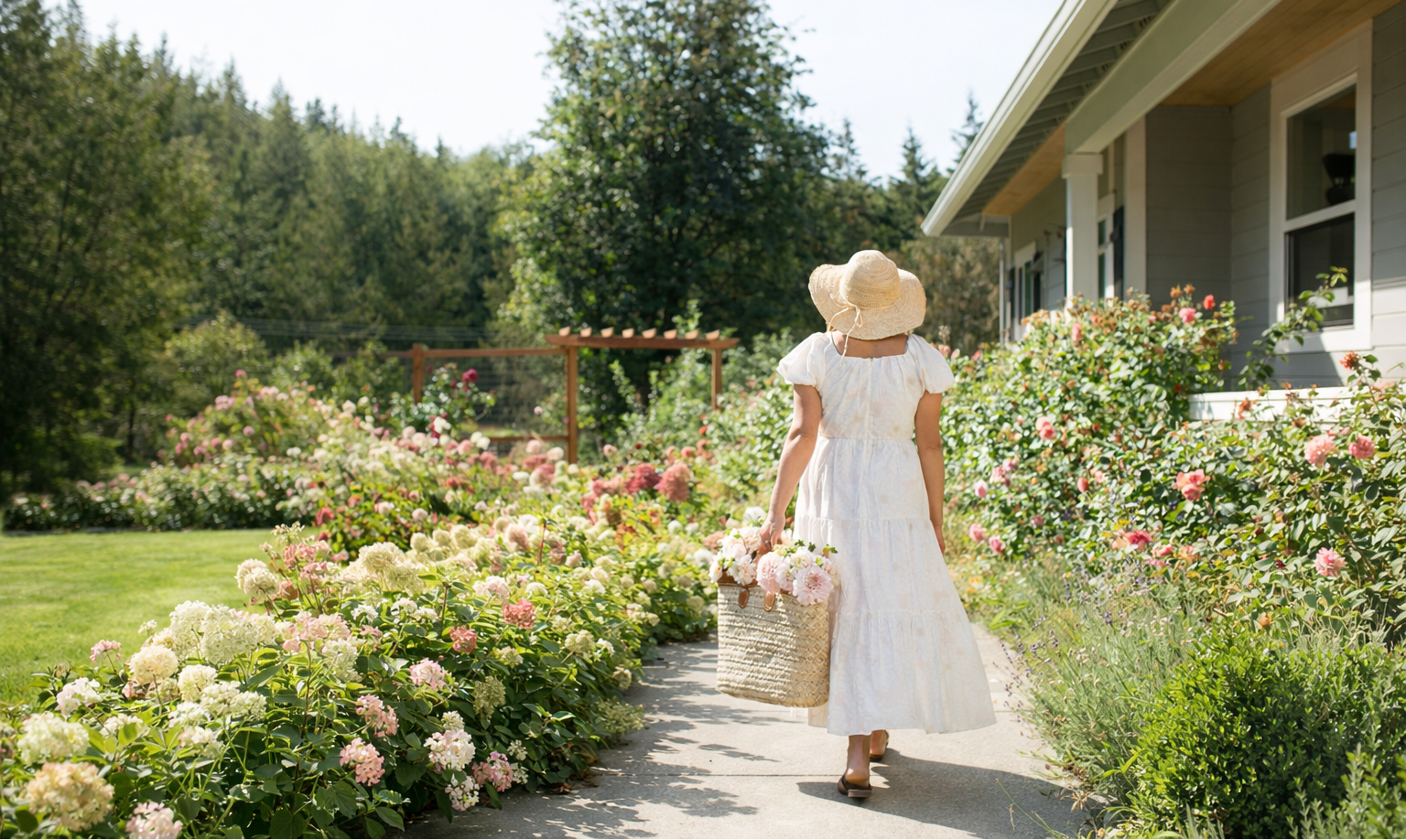 Woman in a white dress and hat walking through a garden with flowers and a house in the background.