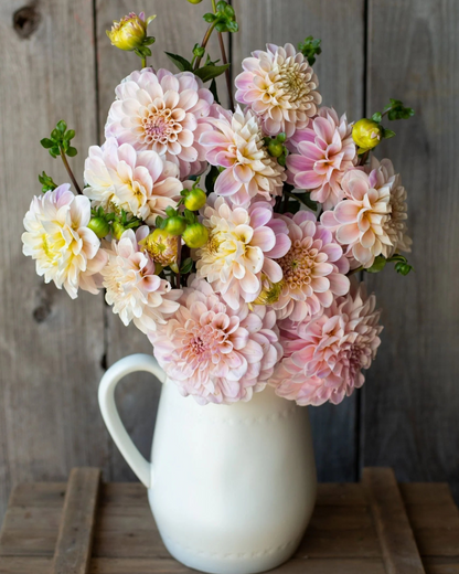 White pitcher filled with a bouquet of pink and yellow flowers on a wooden surface.