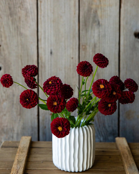 White vase with red flowers on a wooden surface against a wooden panel background