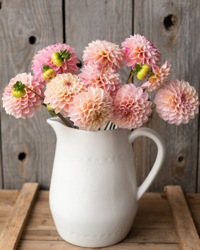 White pitcher filled with pink flowers on a wooden surface and background